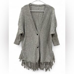 Women Gray Long Open Cardigan One Size Fringe Button Chunky Knit Boho 3/4 Sleeve